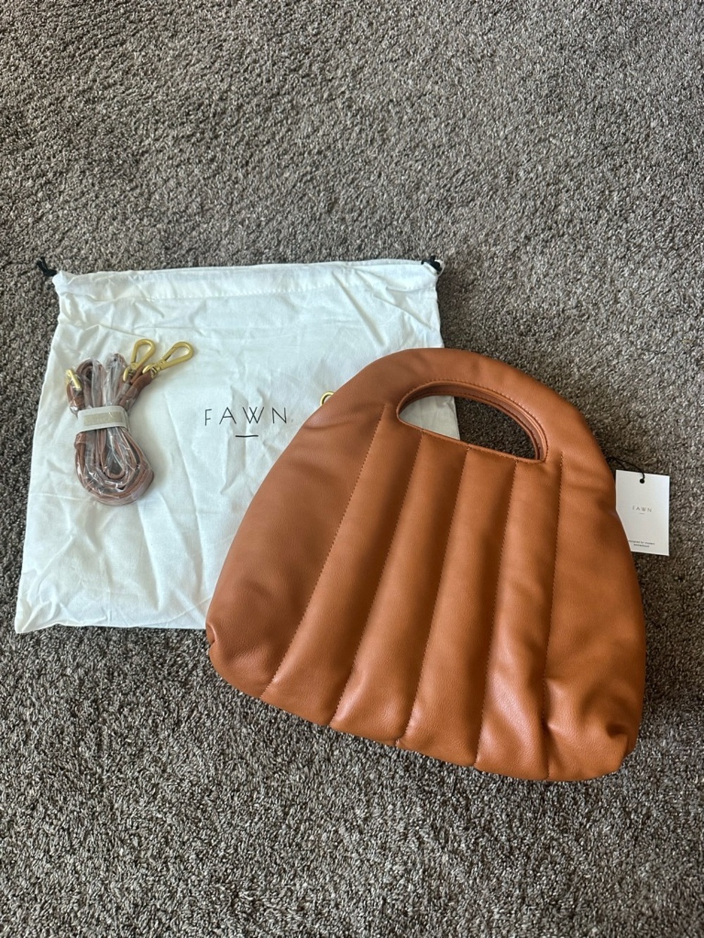 NWT Fawn Design The Slouch Bag Quilted Brown Matte Gold Hardware + Strap